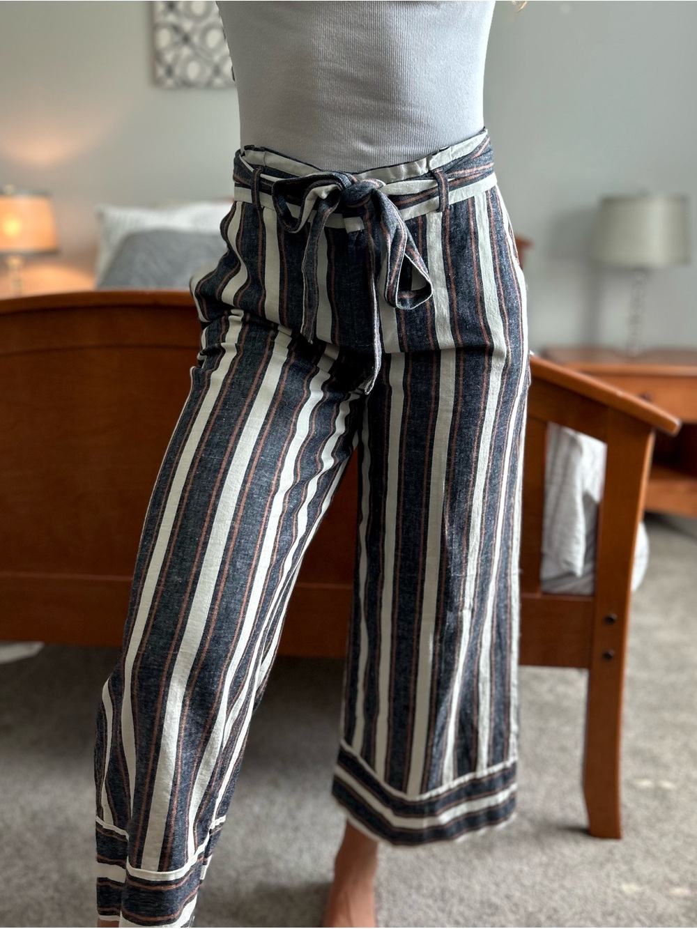 Banana Republic Blue, Cream & Brown Striped Tie-Waist Cropped Pants